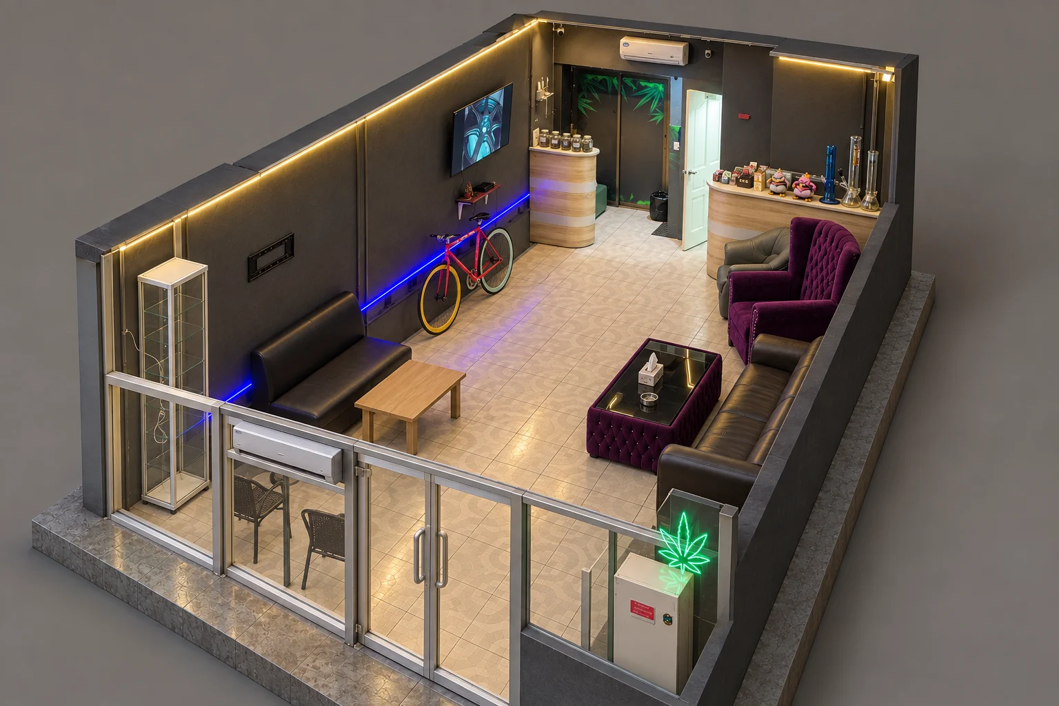 Reconstructed overview of the Sky High interior with lounge seating, bicycle, and rear counters